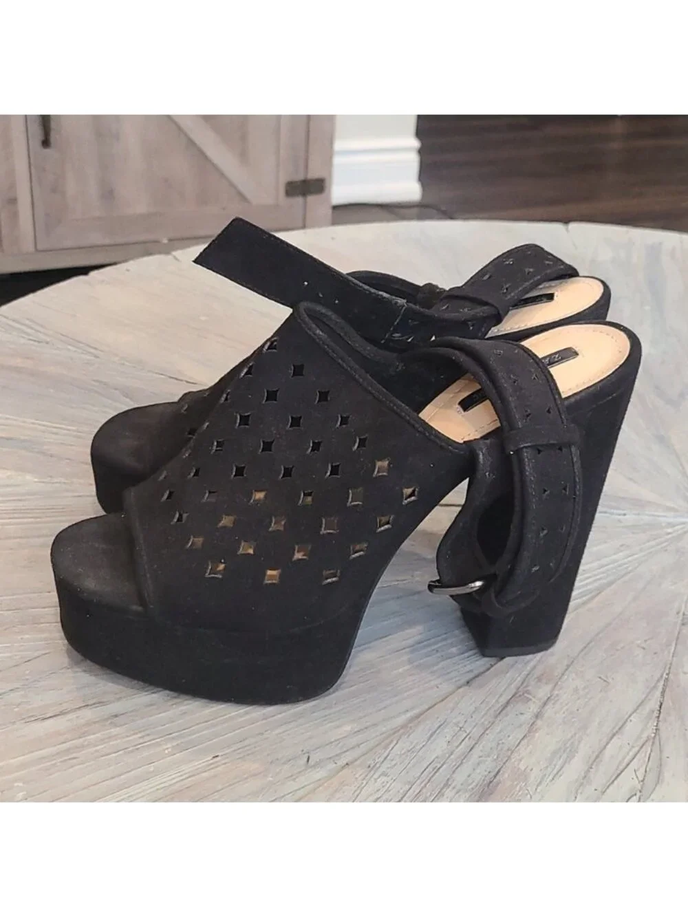 Zara Block Platform Heel Shoes Geometric laser cut Diamond pattern
